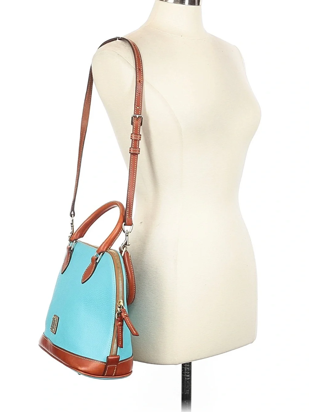Dooney & Bourke Pebbled Grain Zip zip Turquoise Leather Satchel with Brown Trim